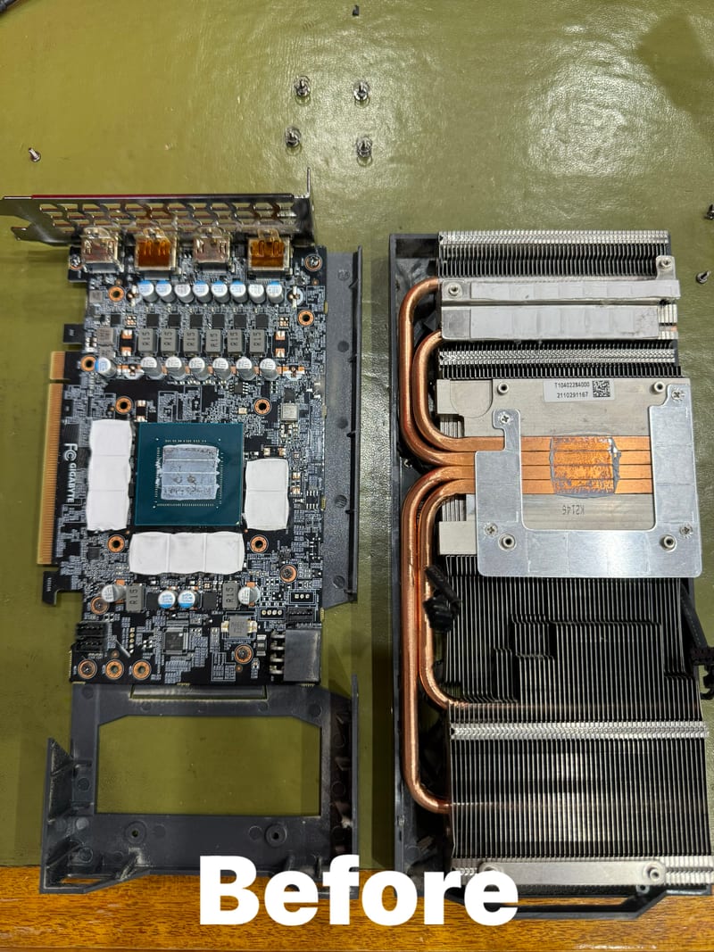 Graphics card PCB and dirty heatsink before cleaning
